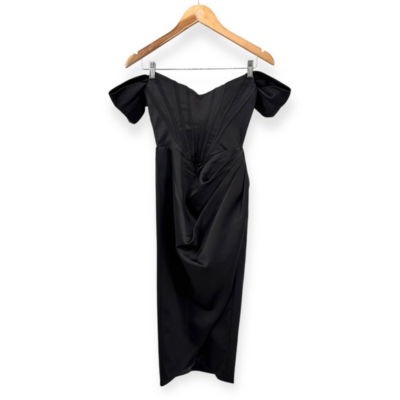 NWT House of CB Loretta Off the Shoulder Satin Corset‎ Dress Black - Size Small - Picture 7 of 15